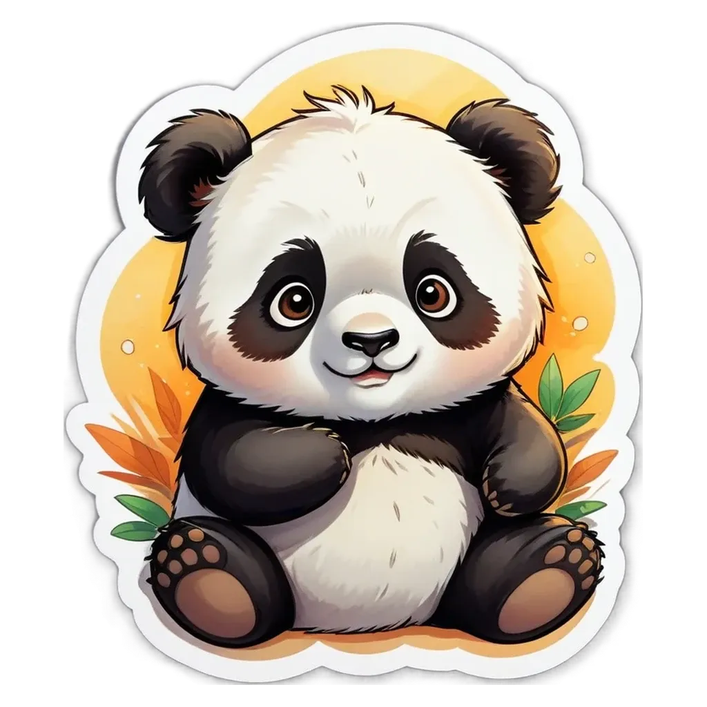 A panda bear sticker is sitting on a black and yellow background.