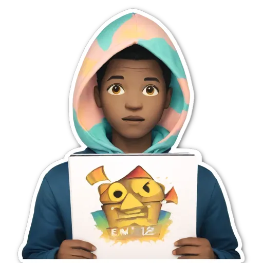 A boy holding a white board with "em" written on it.