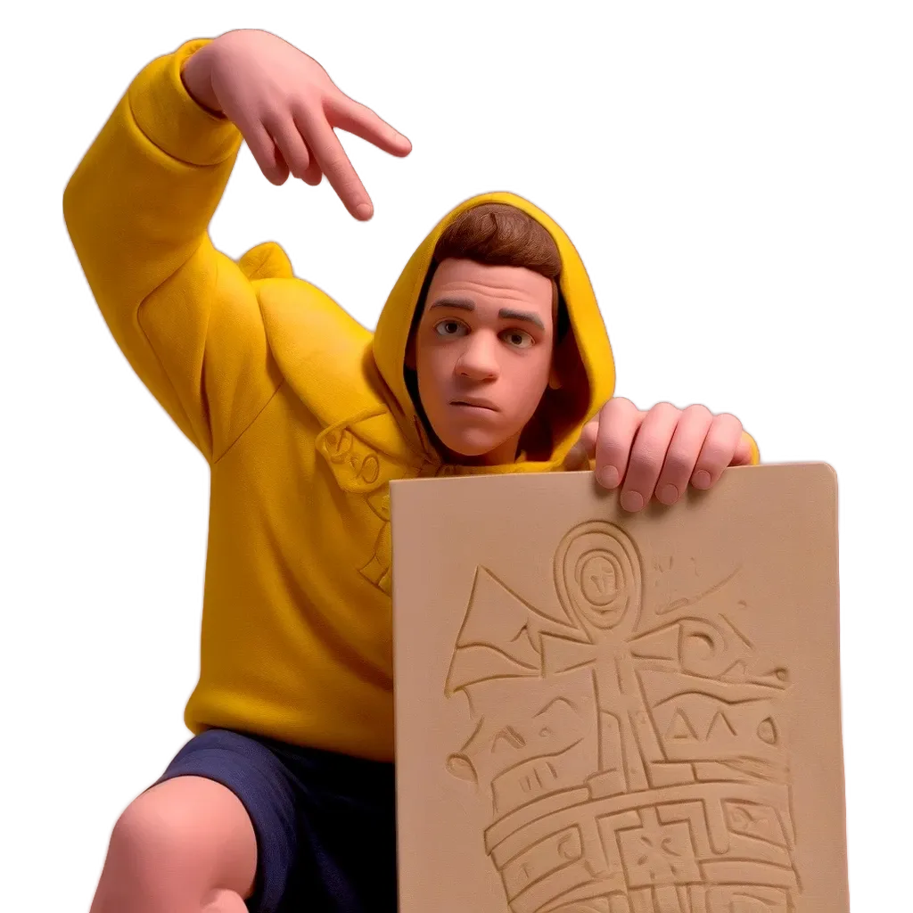 A man in a yellow hoodie holding a piece of cardboard.