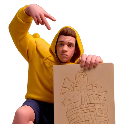 A man in a yellow hoodie holding a piece of cardboard.