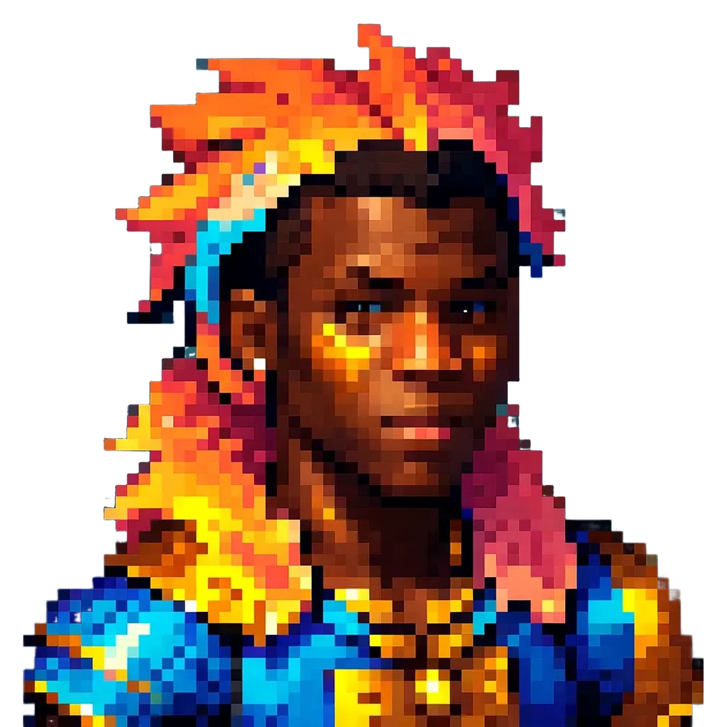 A man is painted in a picture with a blue shirt and a pink scarf.