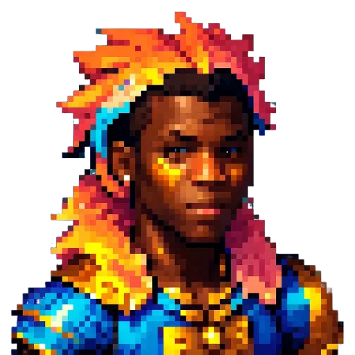 A man is painted in a picture with a blue shirt and a pink scarf.