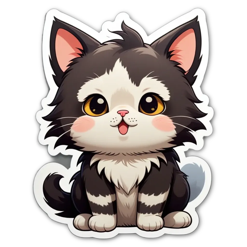 A black and white cat with a sticker of the cat on a dark background.