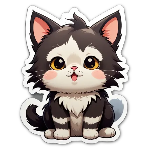 A black and white cat with a sticker of the cat on a dark background.