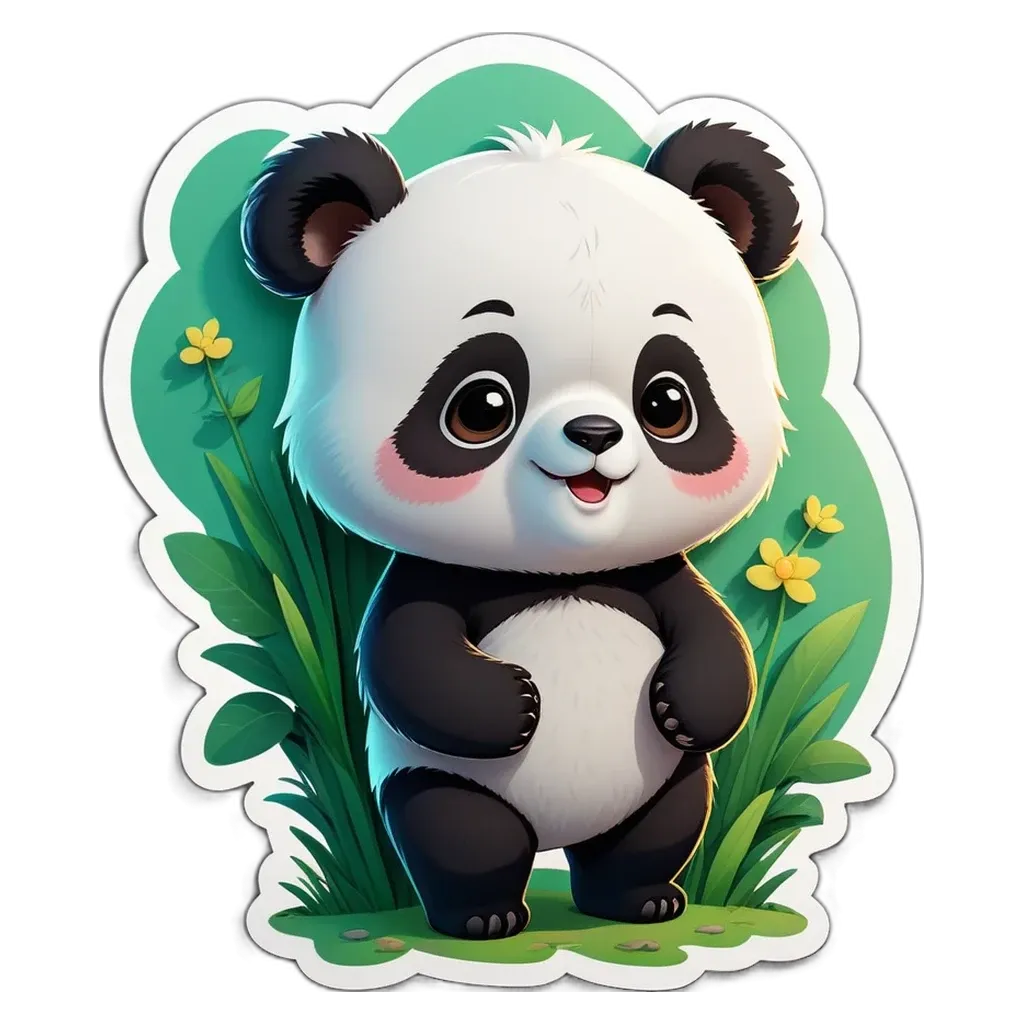 A panda bear sticker is standing in a field of flowers.