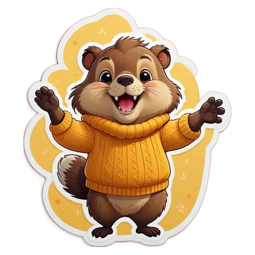 A cartoon animal wearing a sweater and making a wave.