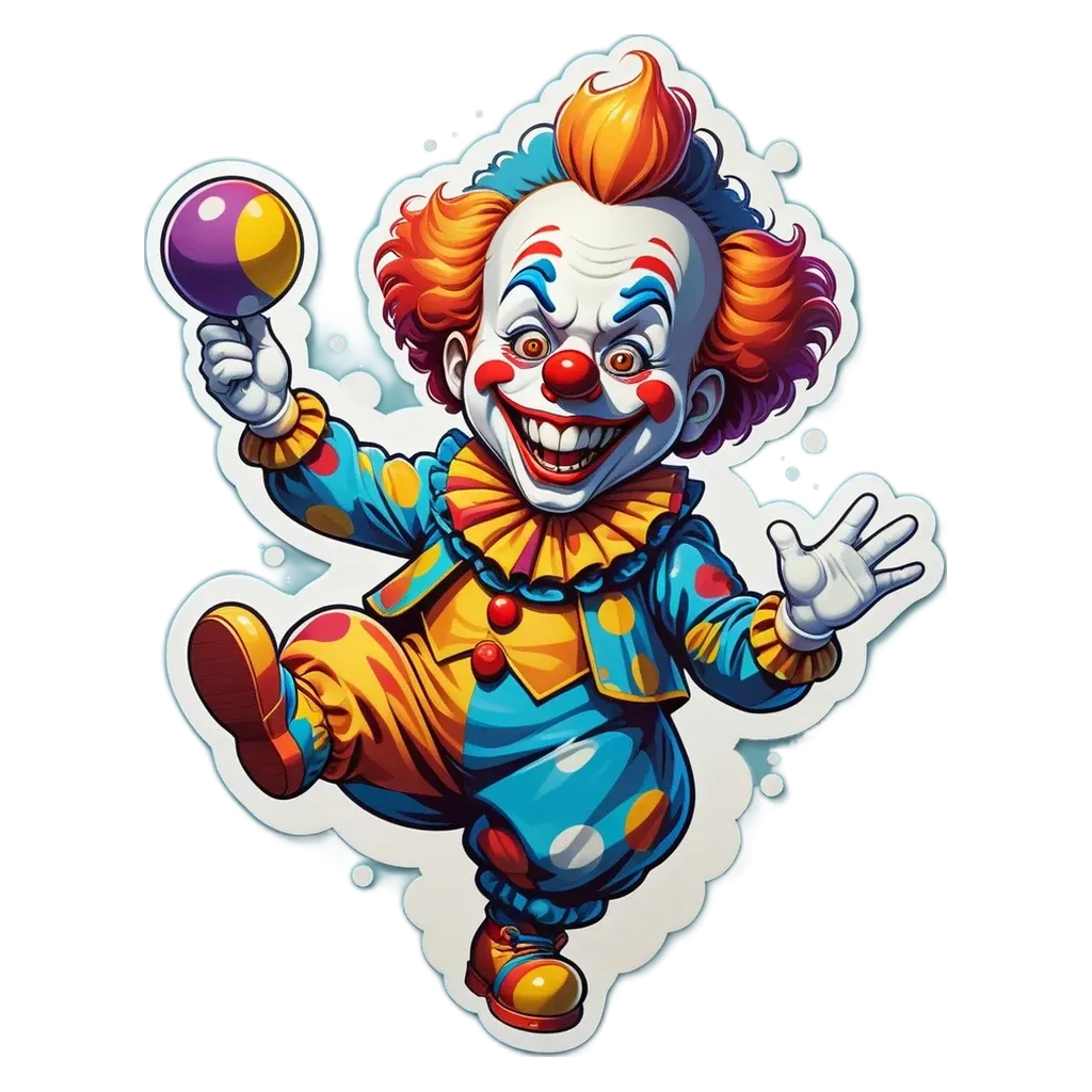 A clown wearing a blue and orange costume is holding a ball.