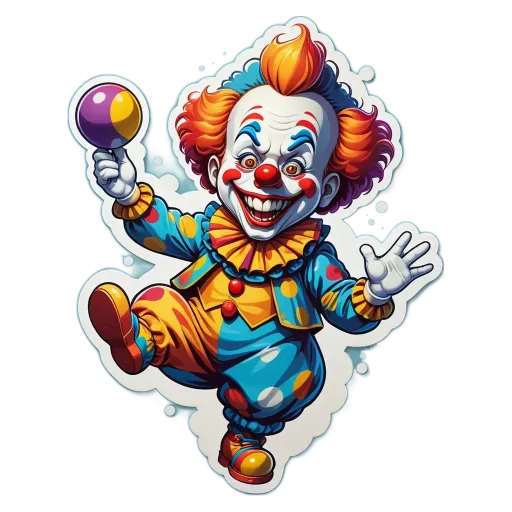 A clown wearing a blue and orange costume is holding a ball.