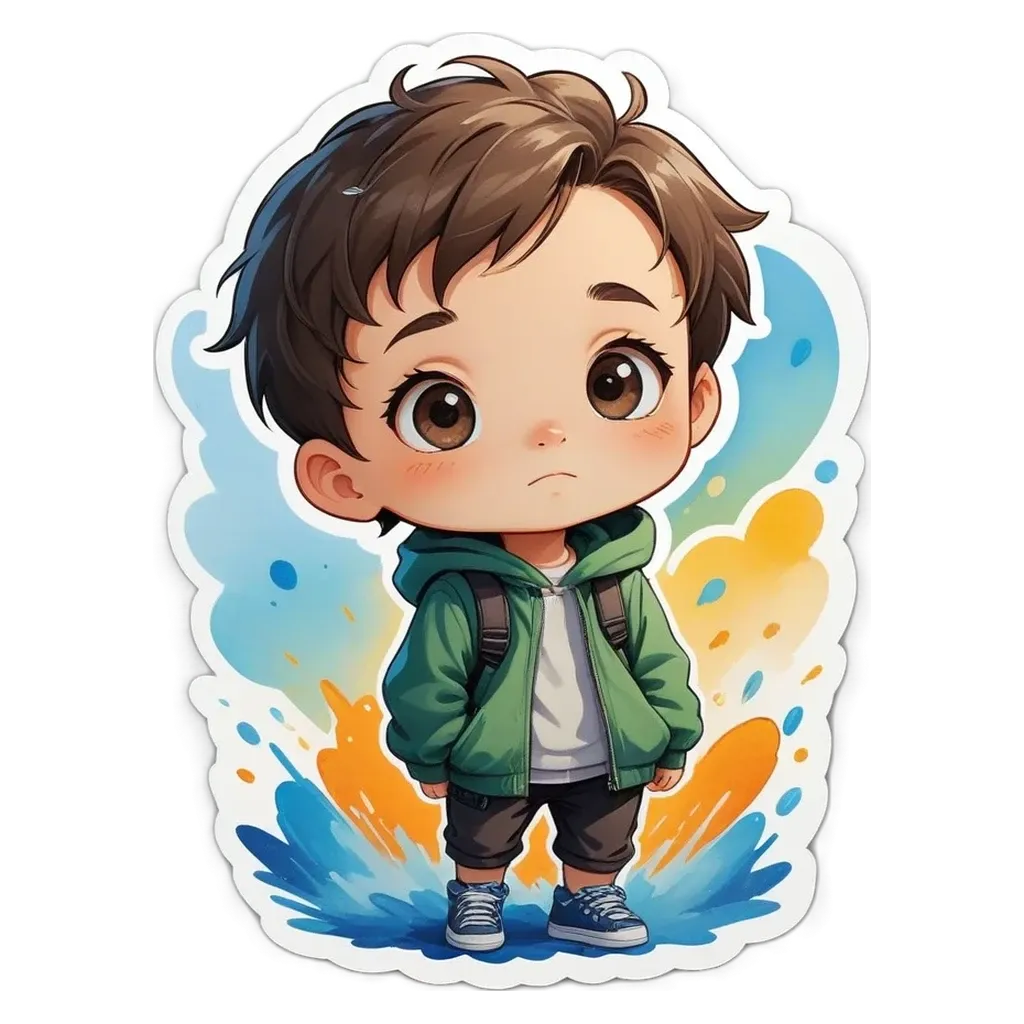 A boy wearing a green jacket and backpack.