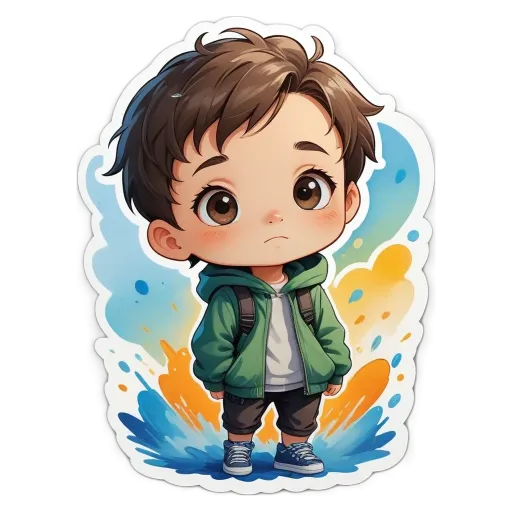 A boy wearing a green jacket and backpack.