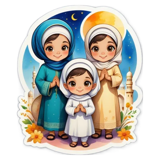 Three girls wearing abayas and facing Mecca.