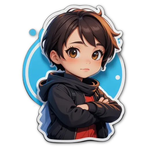 A boy wearing a black jacket with his arms crossed.