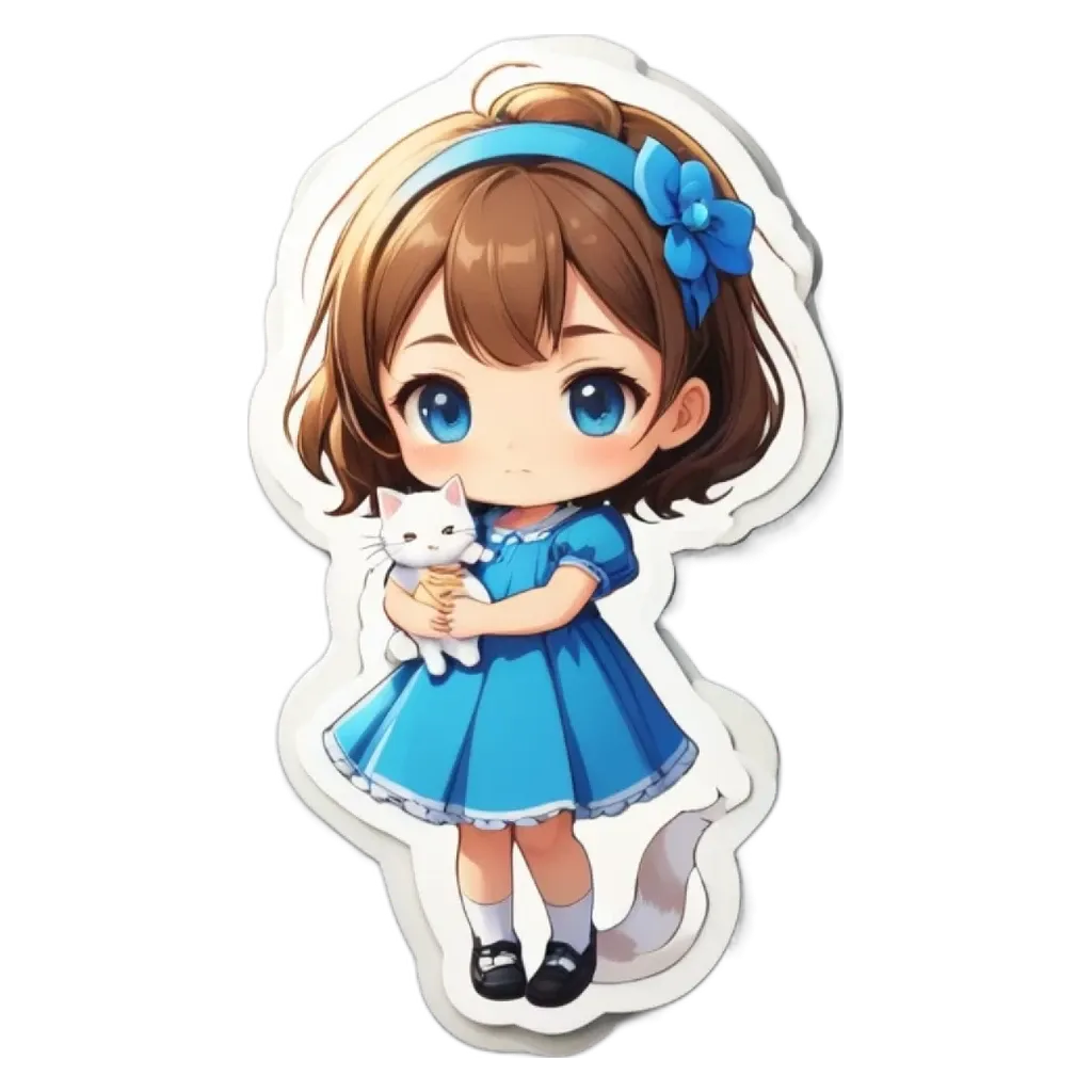 A girl holding a cat in a blue dress.