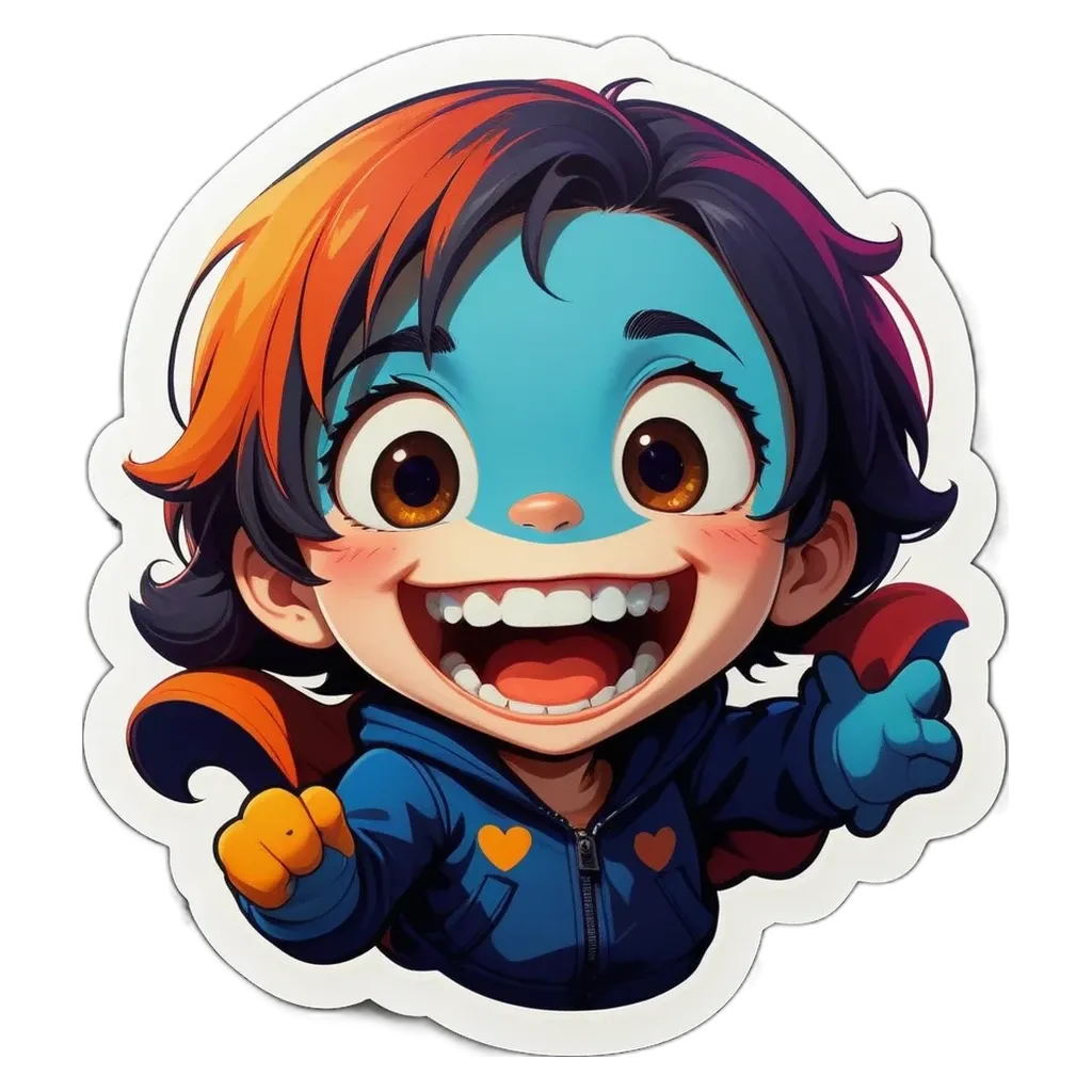 A cartoon girl with blue eyes and red hair pointing to the right.