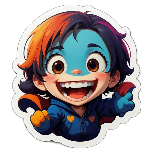 A cartoon girl with blue eyes and red hair pointing to the right.