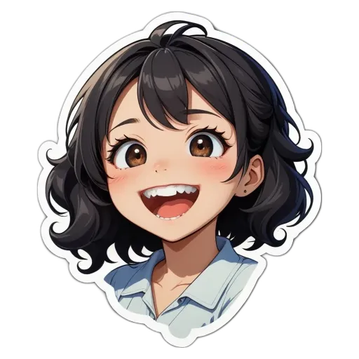 A sticker of a girl with a mouth and eyes that are smiling.