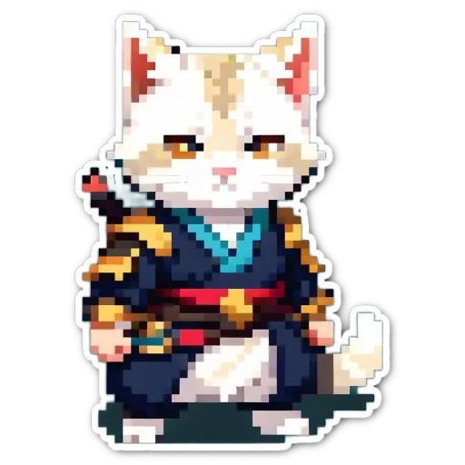 A cat with a sword is looking at the camera.