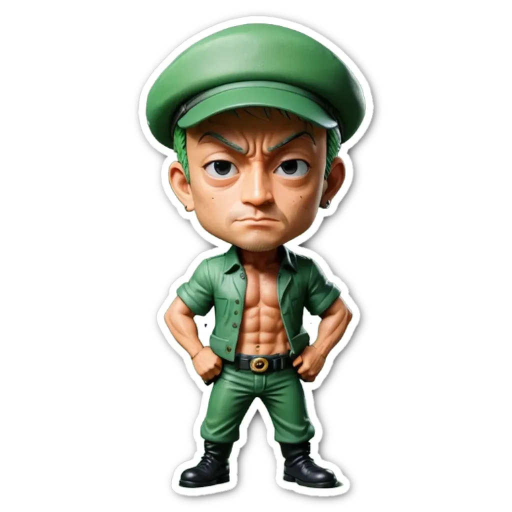 A green hat figure with muscles on the front of his shirt and no shirt.