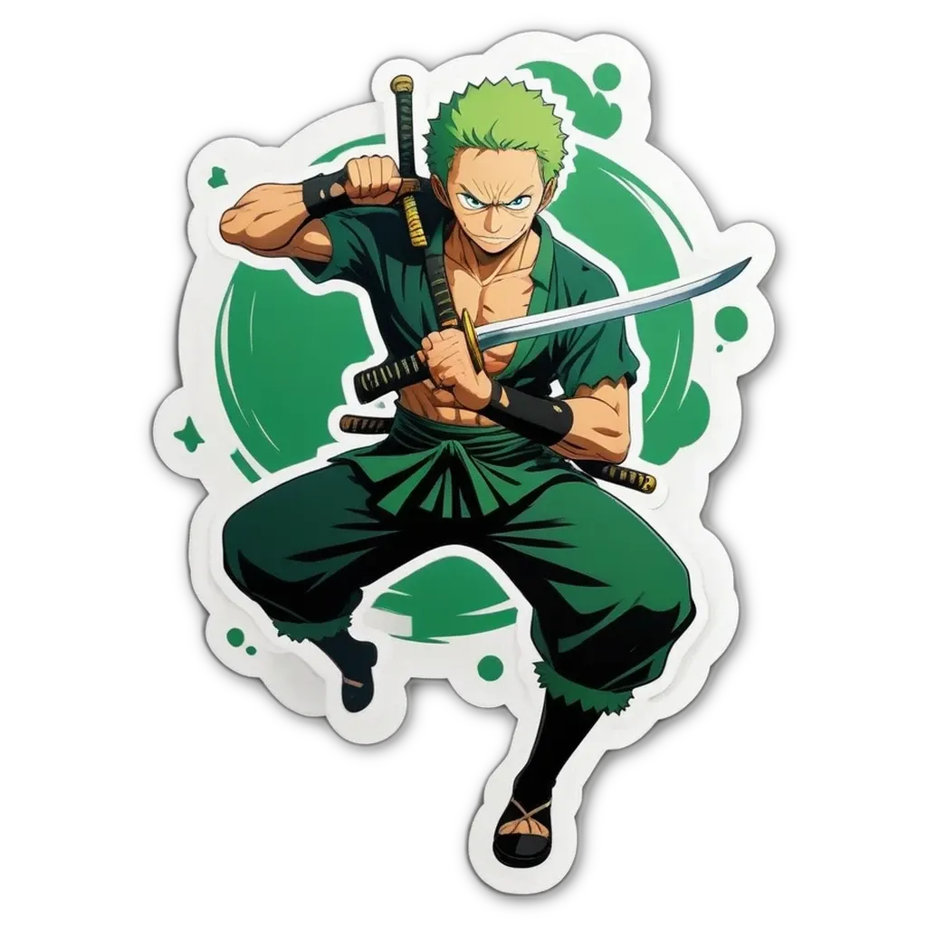 A sticker of a man with green pants and a sword that is green and white.