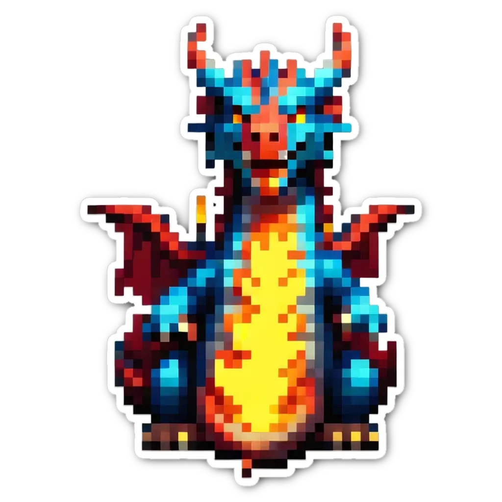 A sticker of a dragon that is blue and red.