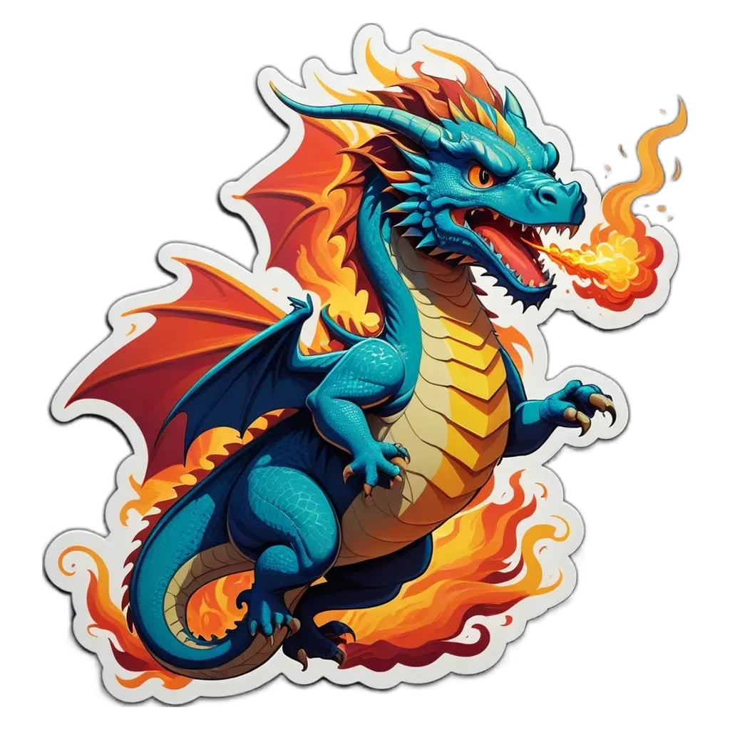 A dragon breathing fire is cut from a sticker of a dragon.