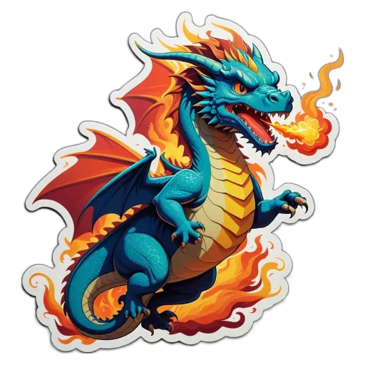 A dragon breathing fire is cut from a sticker of a dragon.
