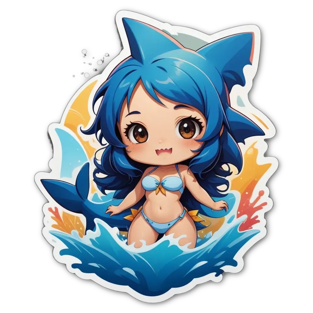 A blue character swimsuit sticker with a shark fish graphic.