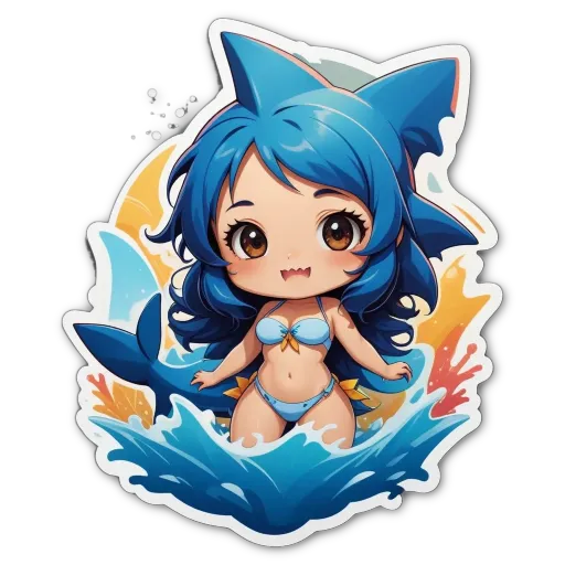 A blue character swimsuit sticker with a shark fish graphic.
