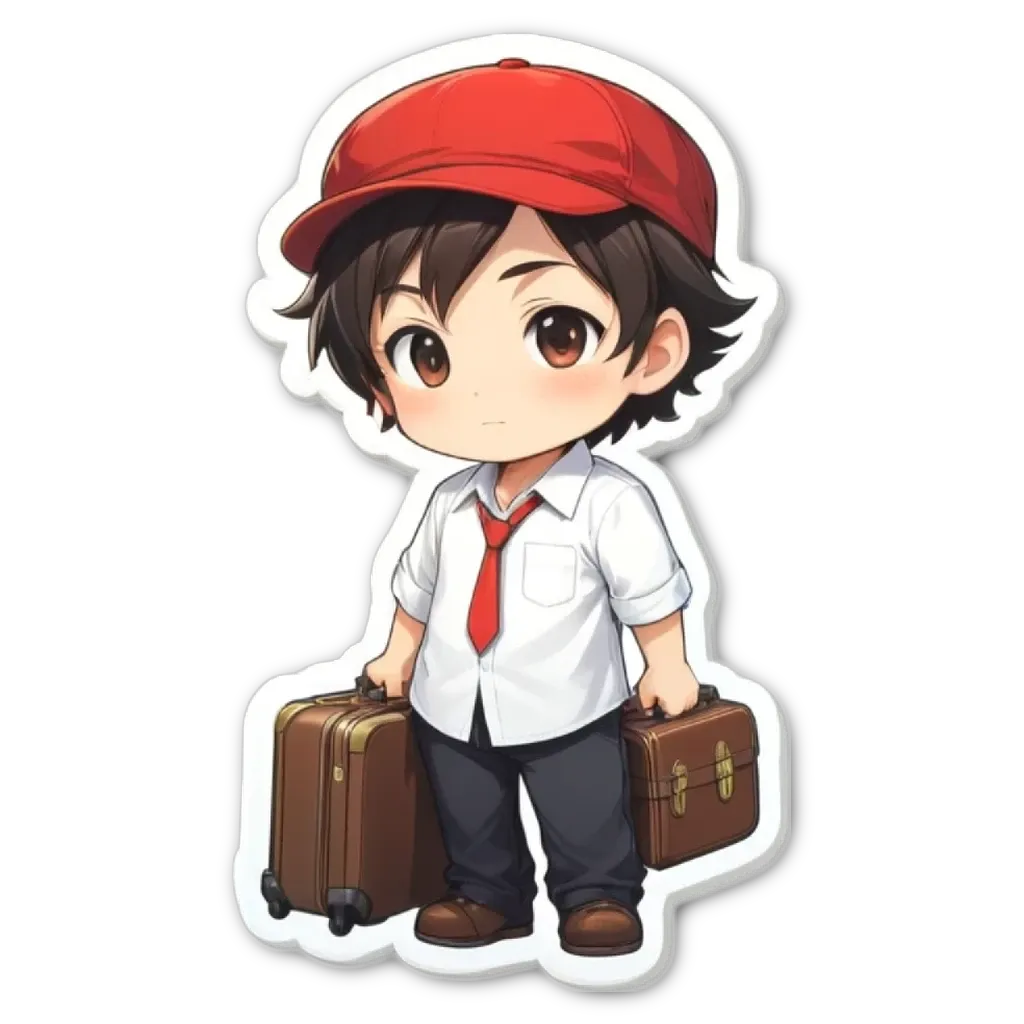 A boy wearing a tie and carrying luggage.