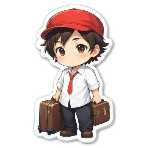 A boy wearing a tie and carrying luggage.