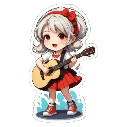 A girl playing the guitar on a black and white background.