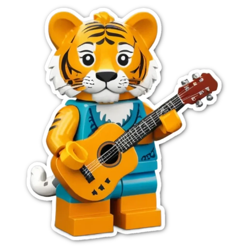 A lego tiger holding a guitar with stickers on it.