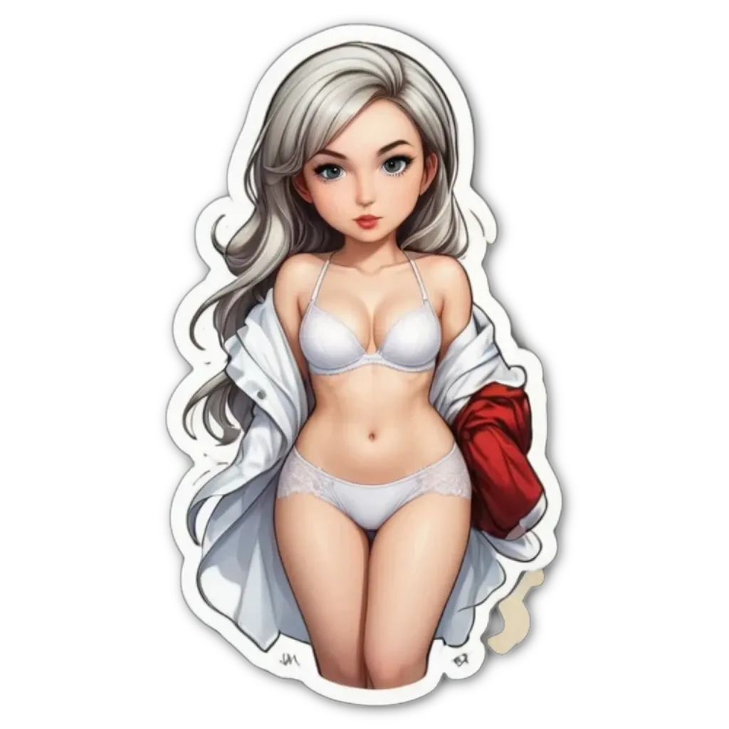 A white and red sticker of a man wearing a white bra and a red jacket.