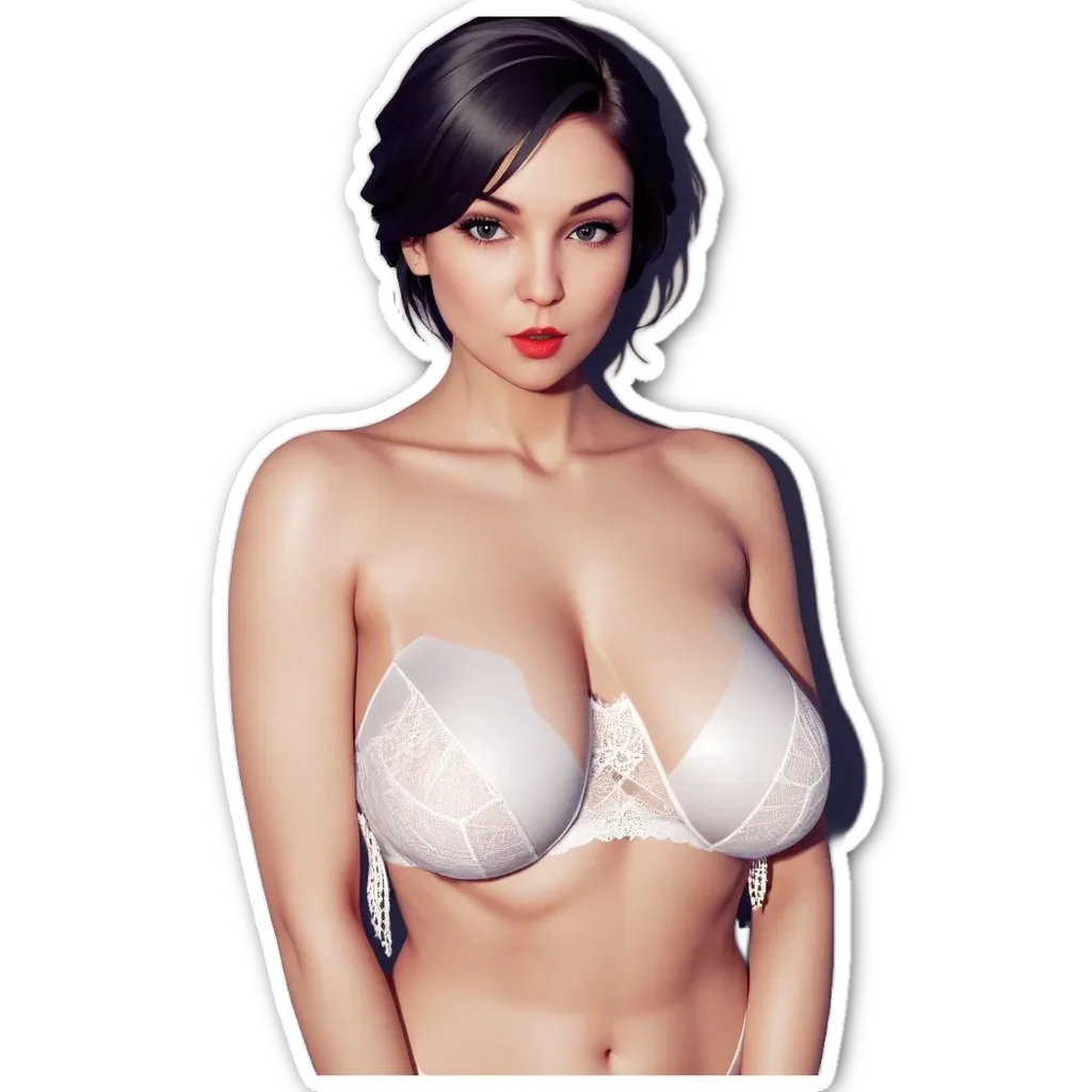 A woman wearing a lacy bra and white lingerie is standing in front of a black background.