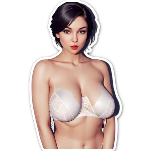 A woman wearing a lacy bra and white lingerie is standing in front of a black background.