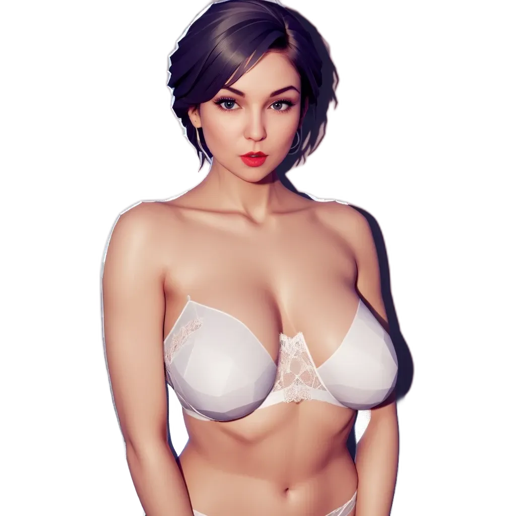 A woman wearing a white bra and lacy thong is posing for a photo.