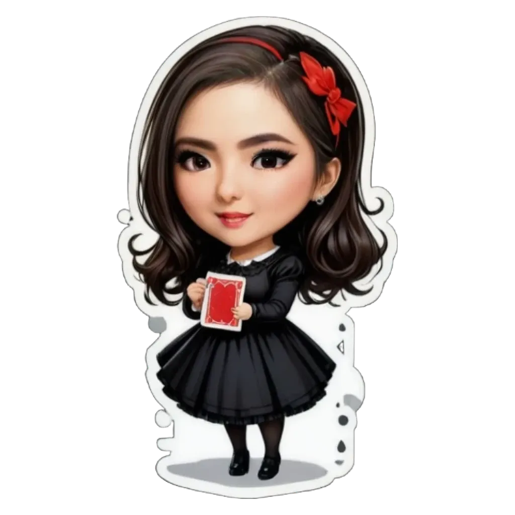 A girl wearing a black dress holding a red card.