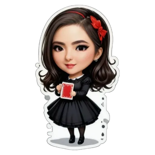 A girl wearing a black dress holding a red card.