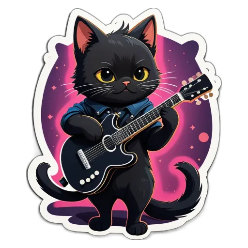A cat playing the guitar is shown on the sticker.