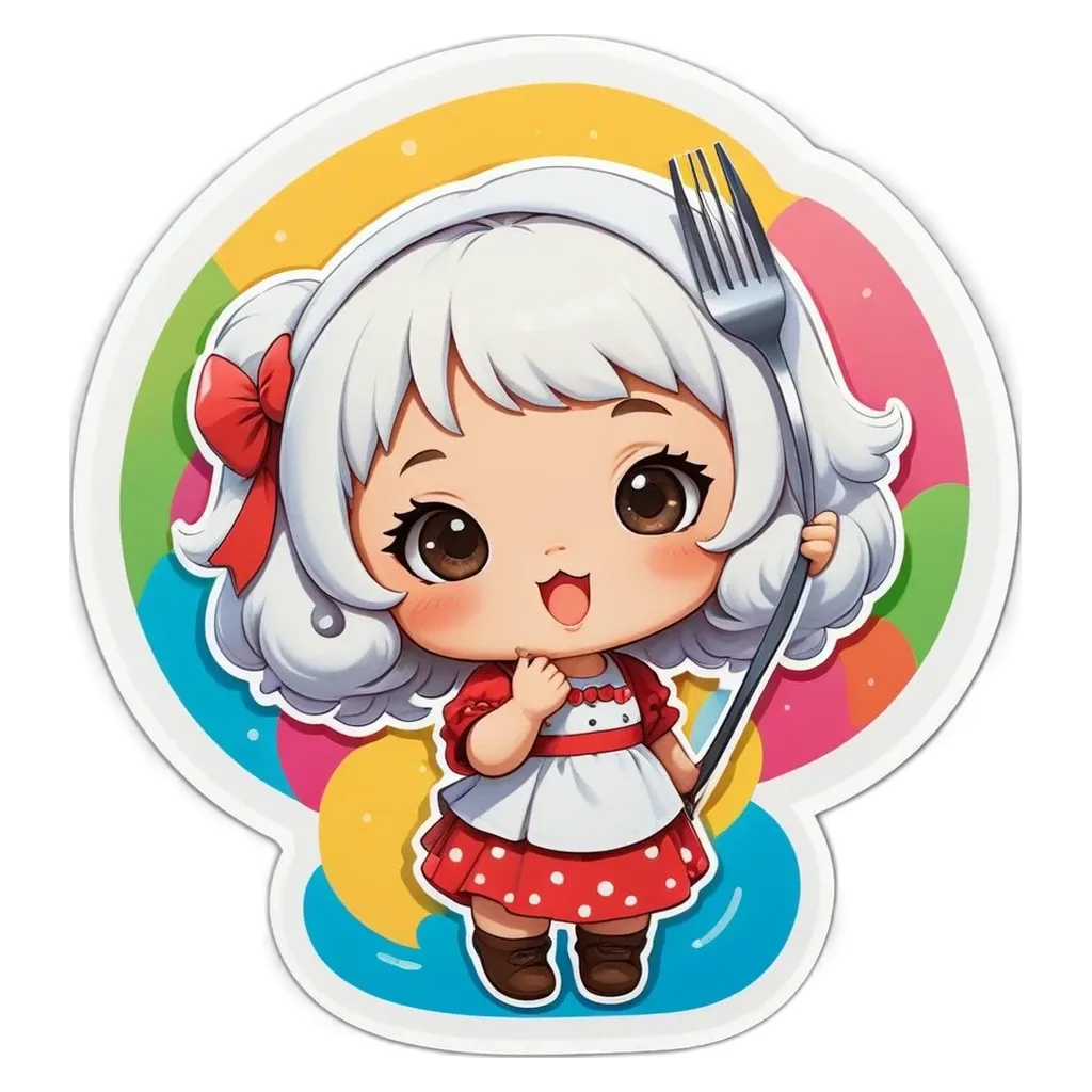 A sticker of a girl holding a fork.