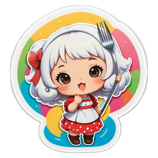 A sticker of a girl holding a fork.