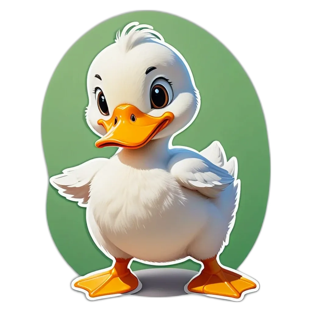 A duck with a happy expression is standing up on a green background.