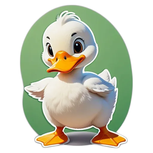A duck with a happy expression is standing up on a green background.