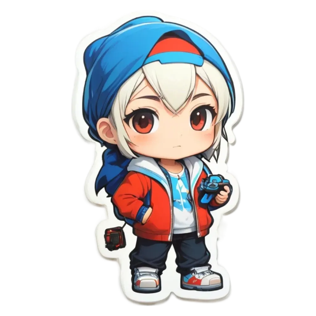 A boy wearing a red and white jacket holding a camera.