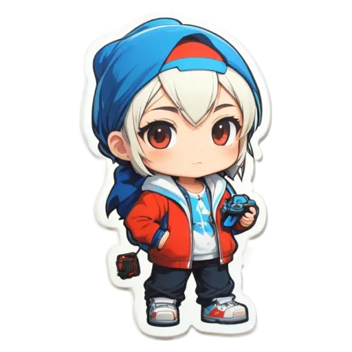 A boy wearing a red and white jacket holding a camera.