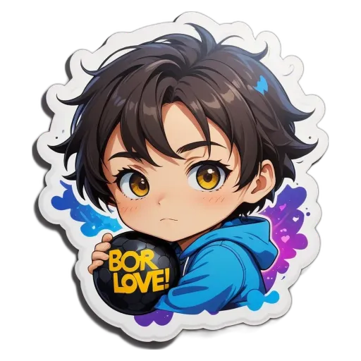 A boy is holding a soccer ball and a sticker that says "bor love!".