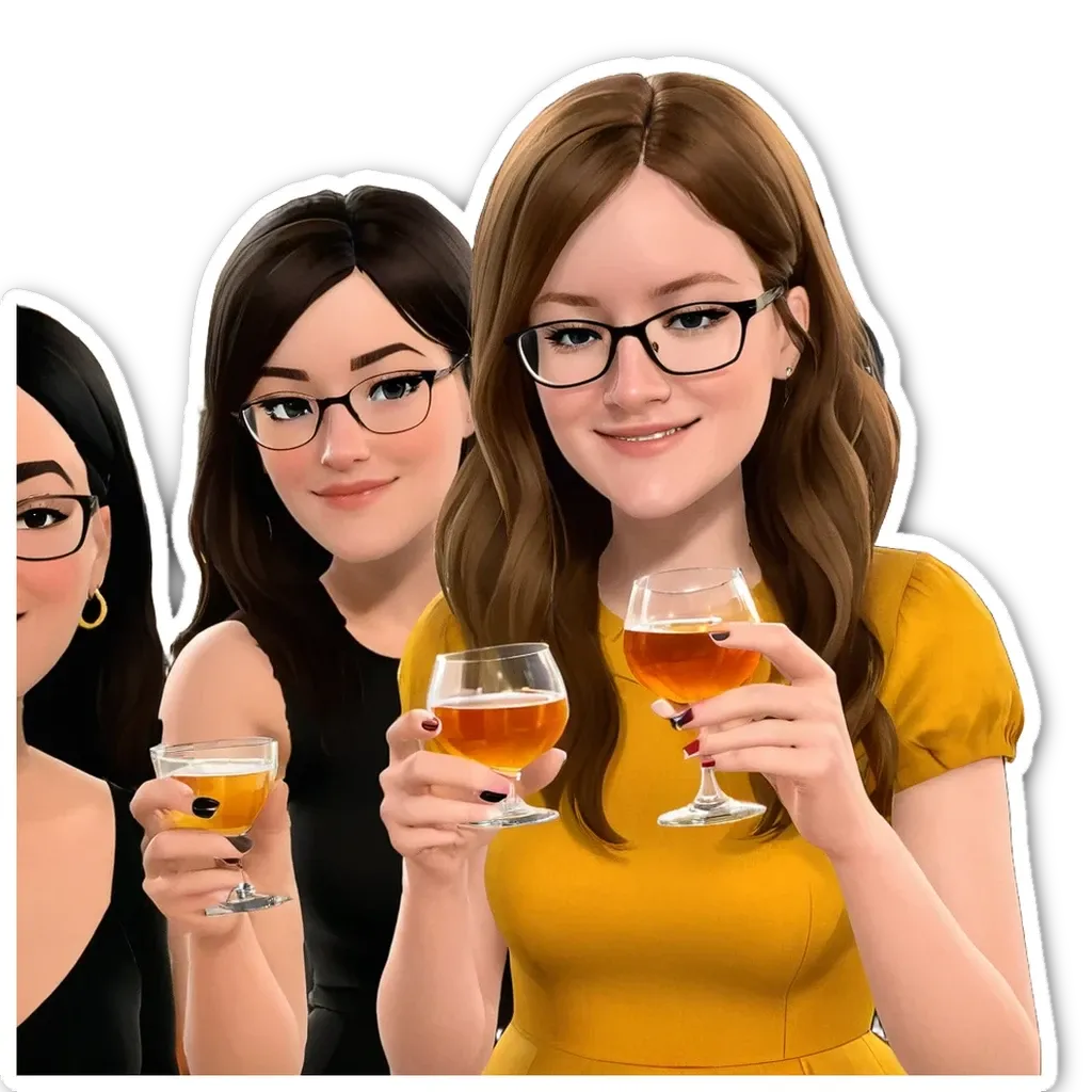 Three women wearing glasses and holding wine glasses.