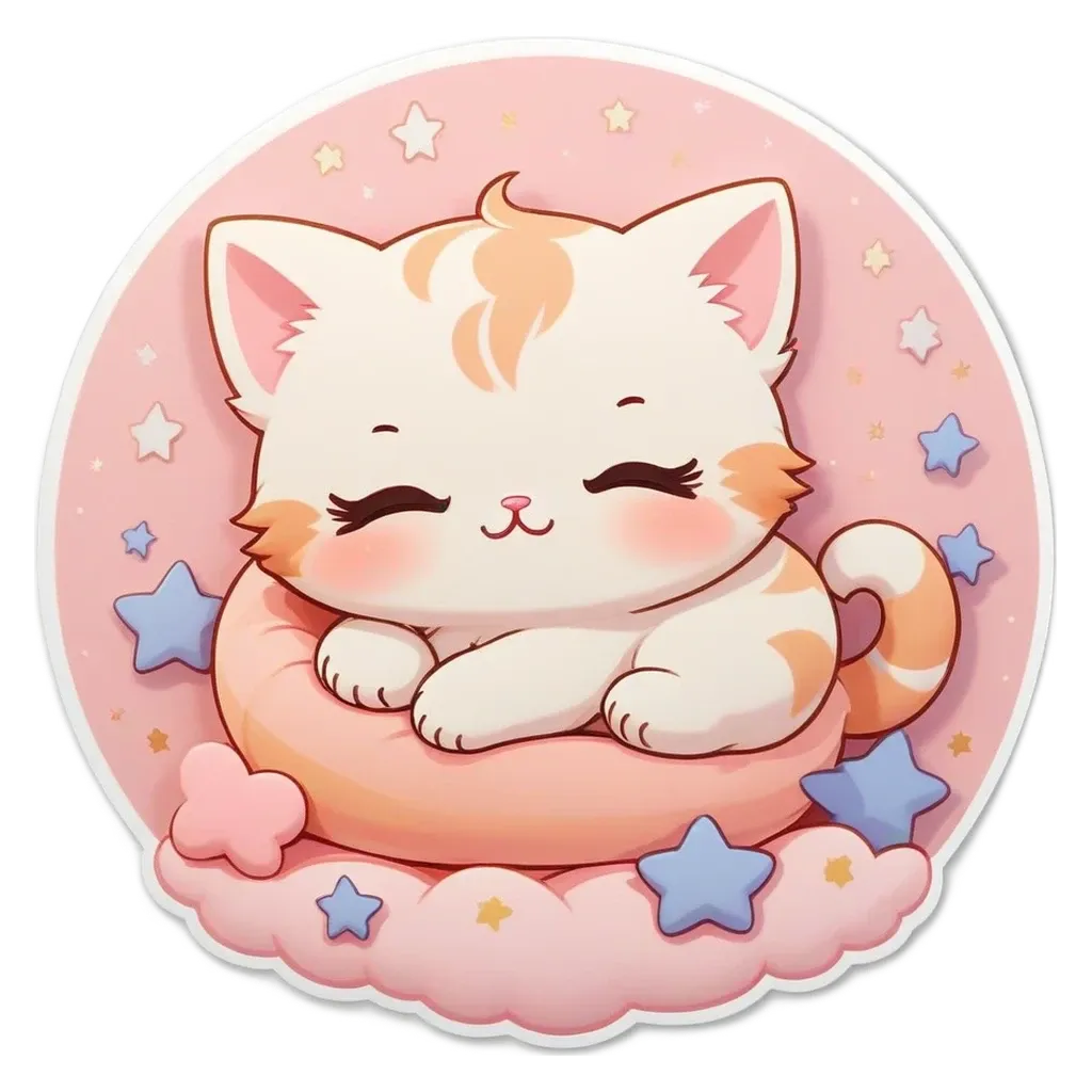 A cartoon cat sleeping on a pillow with stars and clouds in the background.