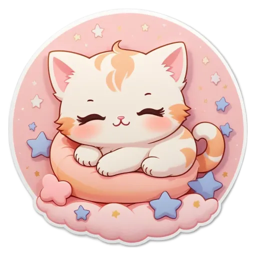A cartoon cat sleeping on a pillow with stars and clouds in the background.