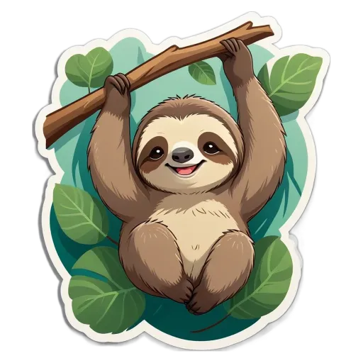 A cartoon of a sloth hanging on a tree.